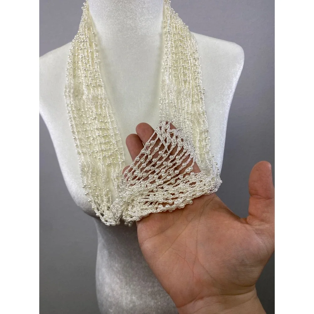 Vintage Sparkling Pearl Bead Infinity Scarf Necklace‎ Silver Tone Mesh